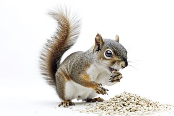 A squirrel stands on its hind legs eating seeds in nature