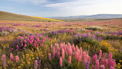 Obraz premium Vibrant wildflower field with pink and yellow blooms under clear sky