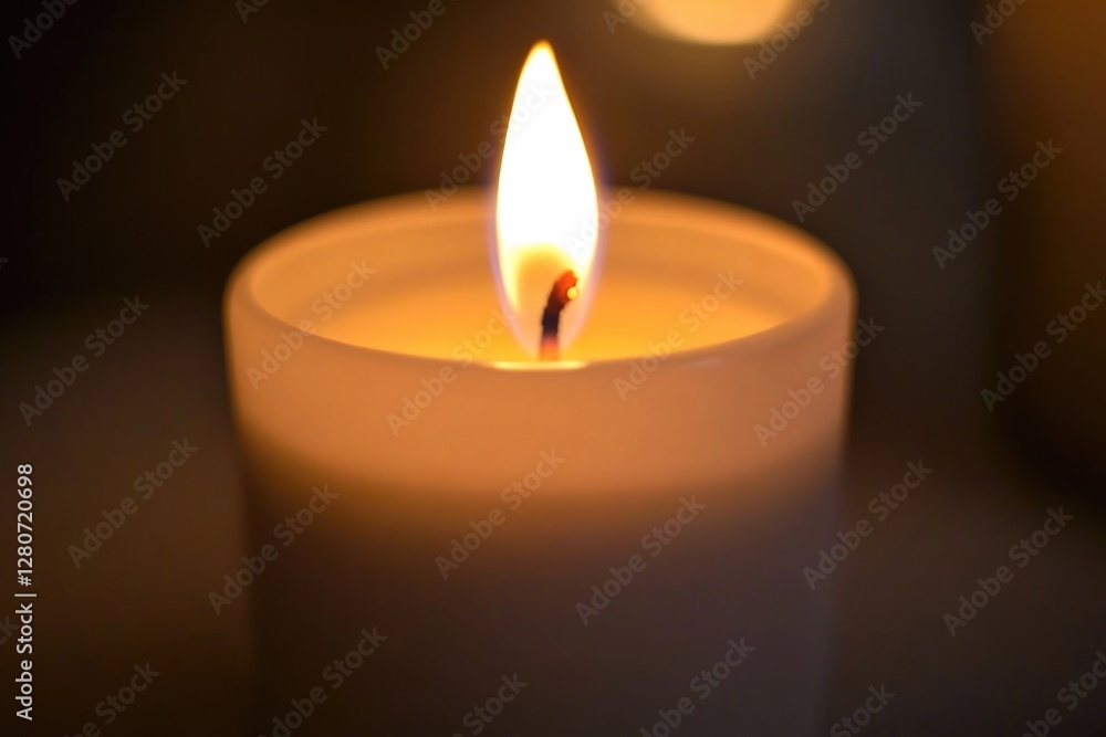 Poster A lit candle sitting on a table or floor in a dark room, useful for creating ambiance or highlighting a specific object