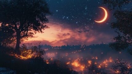 Obraz premium fantasy-inspired night sky shot, with a crescent moon hanging low over a misty enchanted forest.