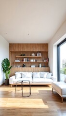 Fototapeta premium A modern living room with white couch and wooden shelves.