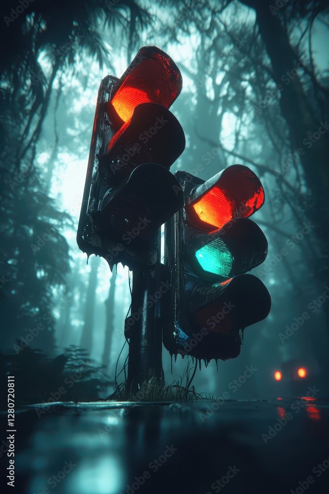 Poster exploring the intersection of nature and technology: a visually striking traffic signal emerges from