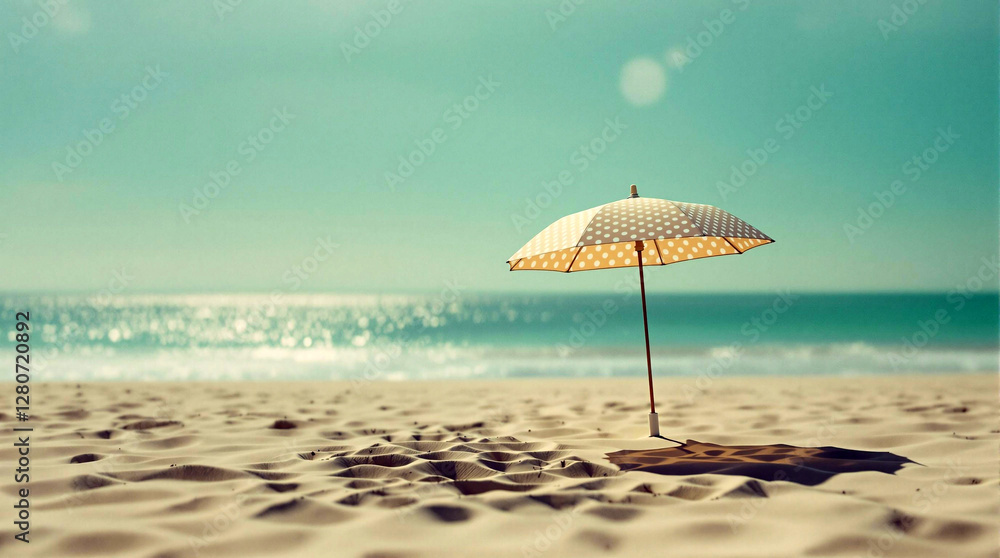Aufkleber A beach scene captured with a shallow depth of field, emphasizing the umbrella as the main subject. The umbrella stands out against the backdrop of the serene ocean, with the sky above painted in soft