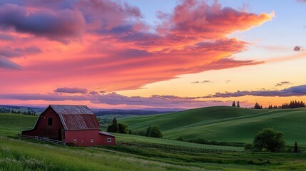 Obraz premium farm with rolling green hills, bathed in the warm hues of sunset. A red barn stands silhouetted against the colorful sky