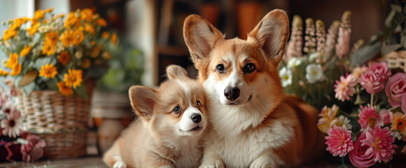 corgi mother and puppy with flowers warm family love