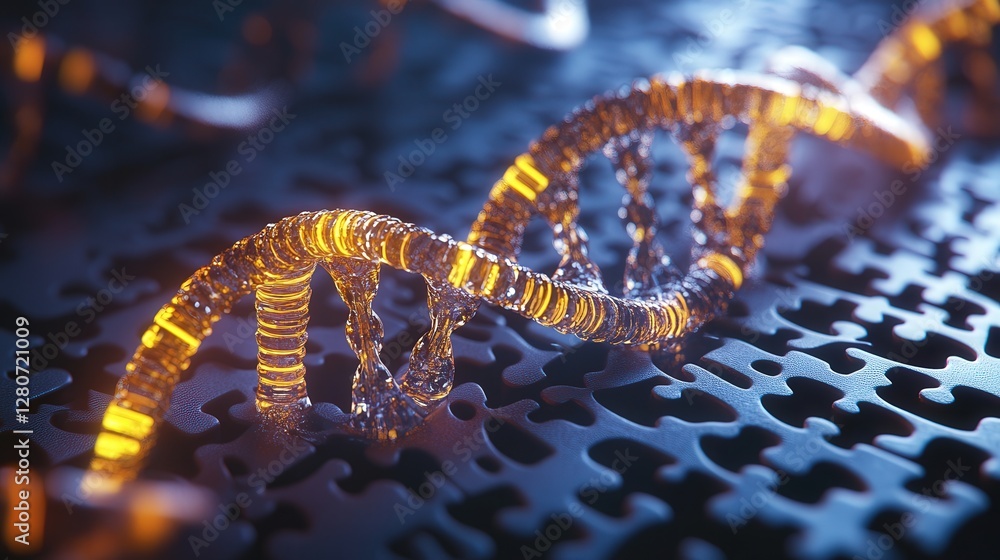 Poster conceptual image of the double helix twisting through a series of puzzles, symbolizing how genetic i