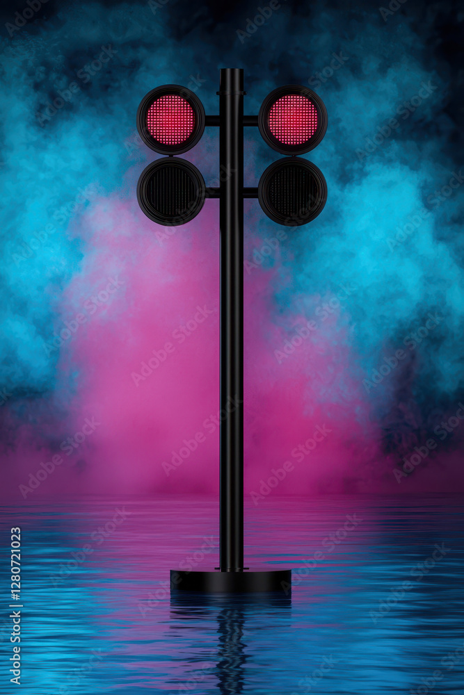 Poster explore the vibrant intersection of technology and design: a striking traffic signal illuminated aga
