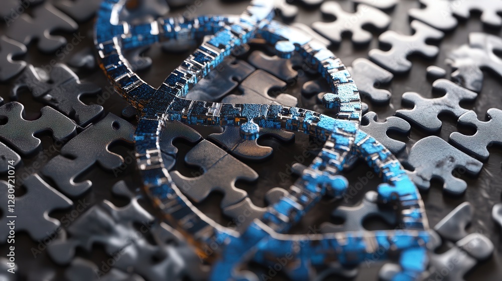 Poster conceptual image of the double helix twisting through a series of puzzles, symbolizing how genetic i