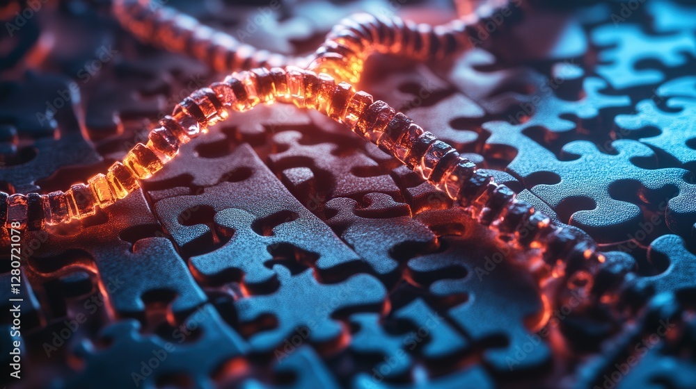 Poster conceptual image of the double helix twisting through a series of puzzles, symbolizing how genetic i