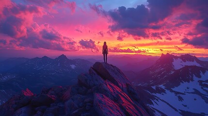 Woman on mountaintop at vibrant sunset over peaks