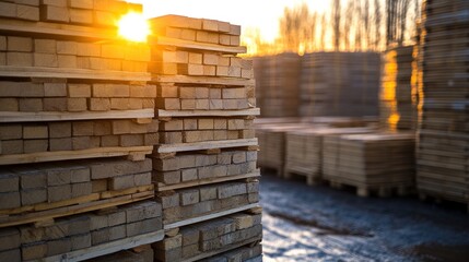 Sunset at the Lumberyard: Stacks of Wooden Beams Bathed in Golden Hour Light