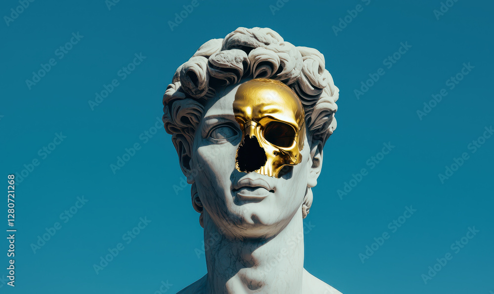 Poster exploring the intersection of time and identity: a modern sculpture with a golden skull, capturing t