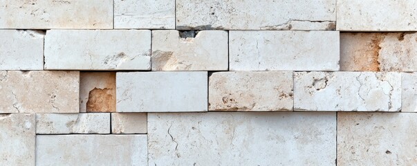 Elegant stone wall featuring varied textures and colors with natural wear, showing craftsmanship and age in a rustic setting