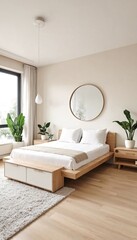 Fototapeta premium Minimalist bedroom with plants and a rug.