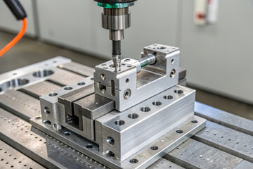 Precision machining tool on metal workpiece in industrial workshop