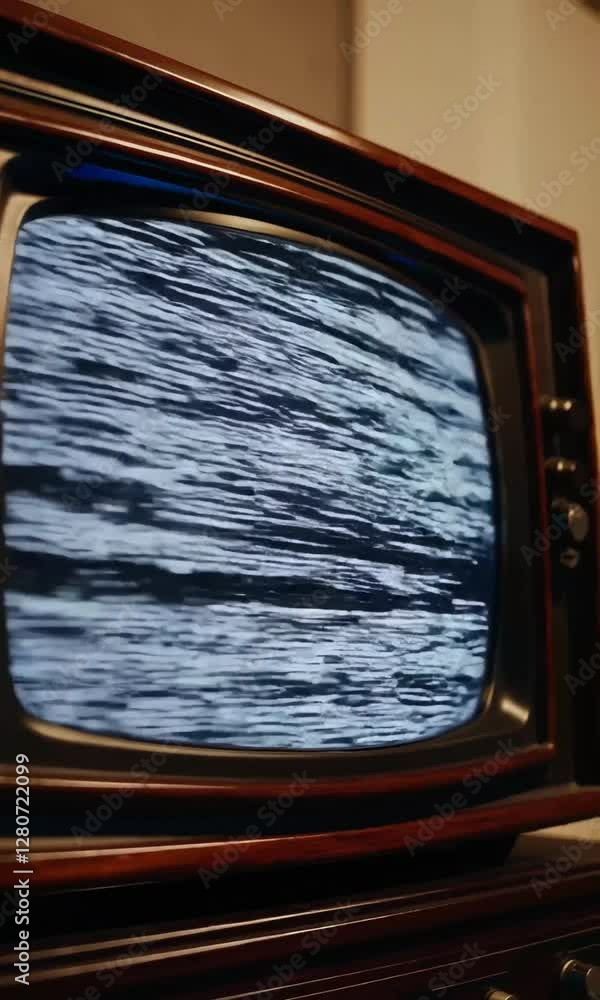 Poster vintage television static transition illustrating retro technology and analog broadcast interference