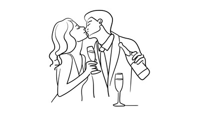 Friendly party woman and man continuous line art drawing isolated on white background. Hands toasting with wine glasses with drinks. Cheers toast festive decoration for holidays. Vector illustration