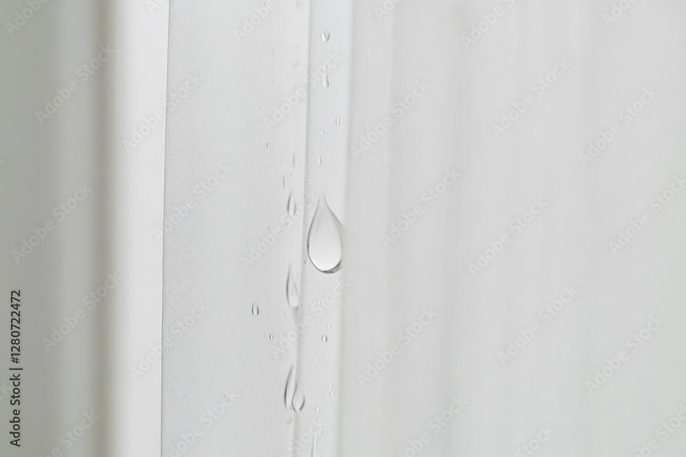 Poster a close-up shot of a shower curtain with a single drop of water on it