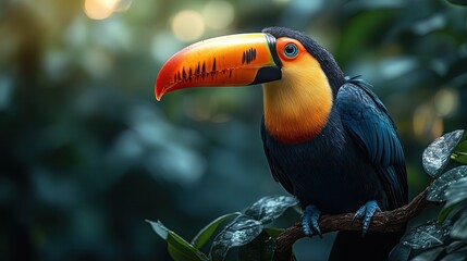 A toucan with a vibrant beak sitting on a branch in a lush rainforest

