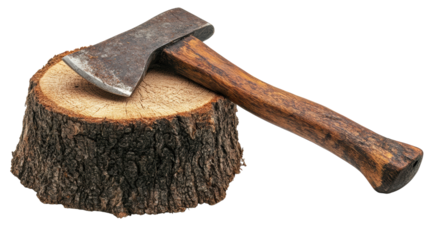Vintage axe rests on a wooden stump, ready for timber work in a rustic setting
