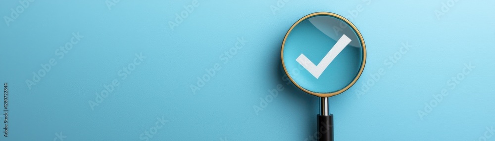 Poster magnifying glass on blue background with checkmark symbolizing approval and validation of ideas and 