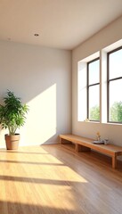 Fototapeta premium A bright and airy room with a large window, wooden floor, and plants.