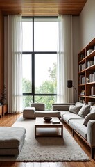 Fototapeta premium A modern living room with a large window and a comfortable seating area.