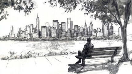 Obraz premium Sketch of Man Contemplating NYC Skyline