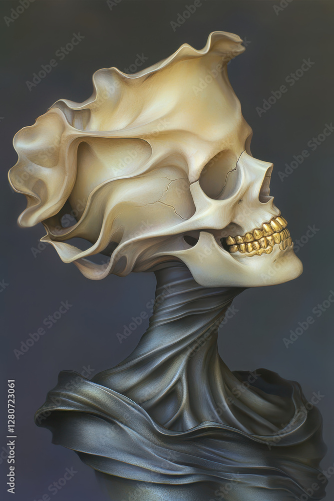 Poster exploring the depths of perception: a surreal representation of a skull enveloped in ethereal fabric