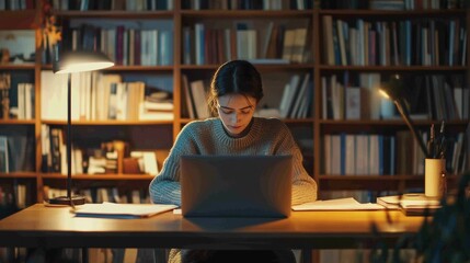 Autism research in a cozy study, a researcher analyzing autism-related data on a laptop. Featuring insight and focus