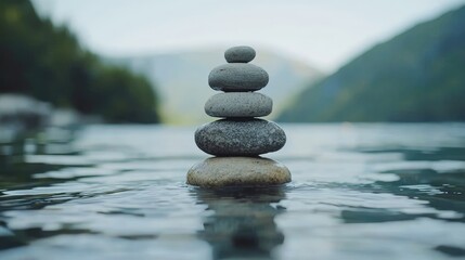 Stacked stones on water, tranquil mountain background, peaceful scene, potential use as wallpaper or desktop background