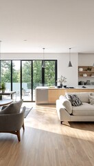 Fototapeta premium Modern interior design featuring light-colored wood floors and clean lines.