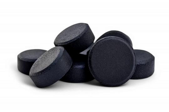 Black charcoal soap disks arranged on black surface