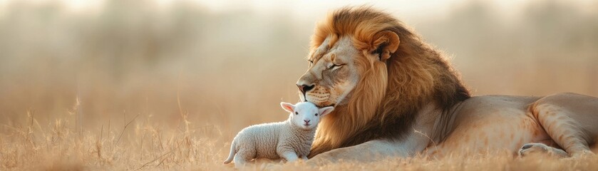 Naklejka premium Majestic Lion Gently Resting Beside Adorable Lamb in Serene Grassland Landscape at Sunset