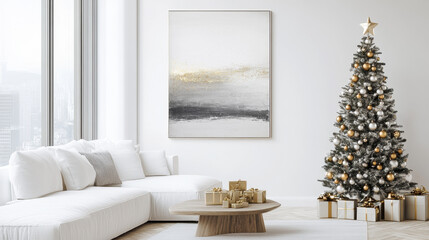 Cozy Christmas Living Room: A beautifully decorated Christmas tree illuminates a modern, inviting living room, with a contemporary painting and stylish furniture creating a festive atmosphere.