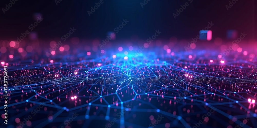 Poster digital network technology background with glowing blue and purple illuminated grid pattern showing 