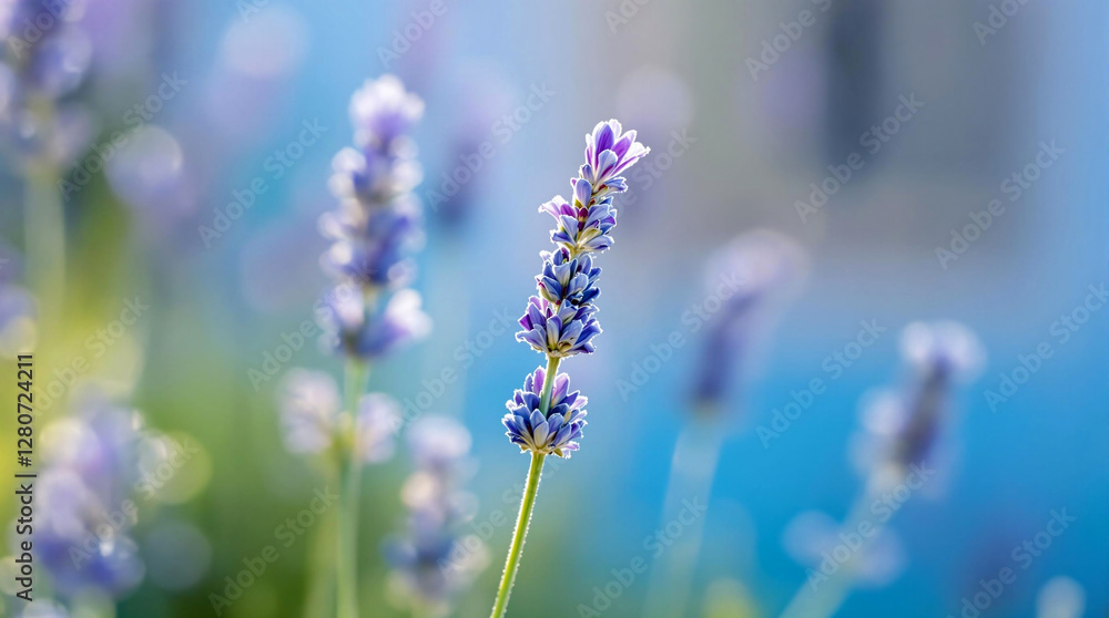 Poster a close-up of lavender flowers in a field, with a blurred background that suggests a shallow depth o