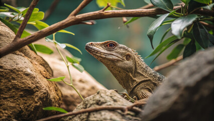 Fototapeta premium Lizard resting among rocks and foliage in natural habitat