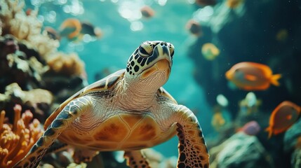 Close-up of a sea turtle resting on a coral reef surrounded by colorful fish, illuminated by sunlight, serene and vibrant, natural and inviting