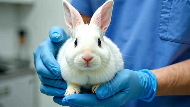 National Pet Day. White rabbit in the hands of a veterinarian in the clinic, veterinarian's day