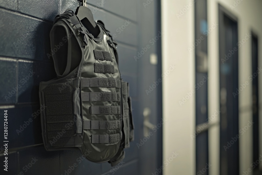 Poster a vest hangs on a wall in a typical hallway setting, suitable for use as a decorative element or pro