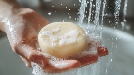 Fototapeta premium Gentle cleansing, Hand holding a soap bar under refreshing water flow