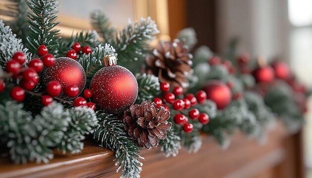 Christmas garland on fireplace mantelpiece, festive decorations