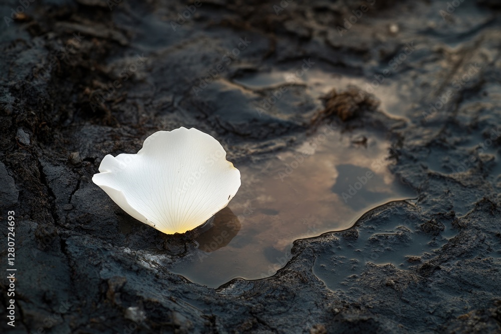 Poster a single white flower sits in a small puddle of water, with ripples and reflections adding visual in