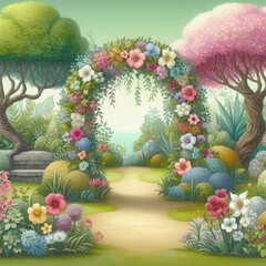 A whimsical path leads through a magical garden with a floral archway, lush greenery, and colorful flowers.
