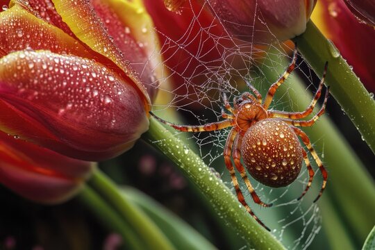 A spider sits on top of its intricate web