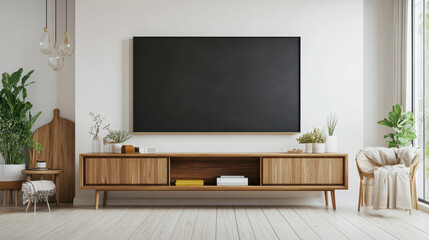 Modern Living Room: Showcasing the contemporary comfort with a wall-mounted television above a wooden entertainment unit, complemented by stylish decorations and plants.