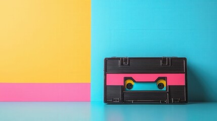 Obraz premium Close-up of a retro cassette player with colorful tapes, placed on a vibrant background, nostalgic and inviting
