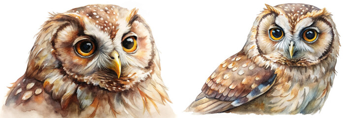 Detailed watercolor painting, realistic owl portraits, vibrant colors, wildlife art, nature illustration, animal lovers, decorative prints.