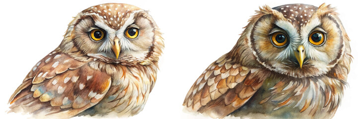 Detailed watercolor owls, vibrant colors, realistic illustration, nature art, wildlife portrait, artistic expression, animal lovers.